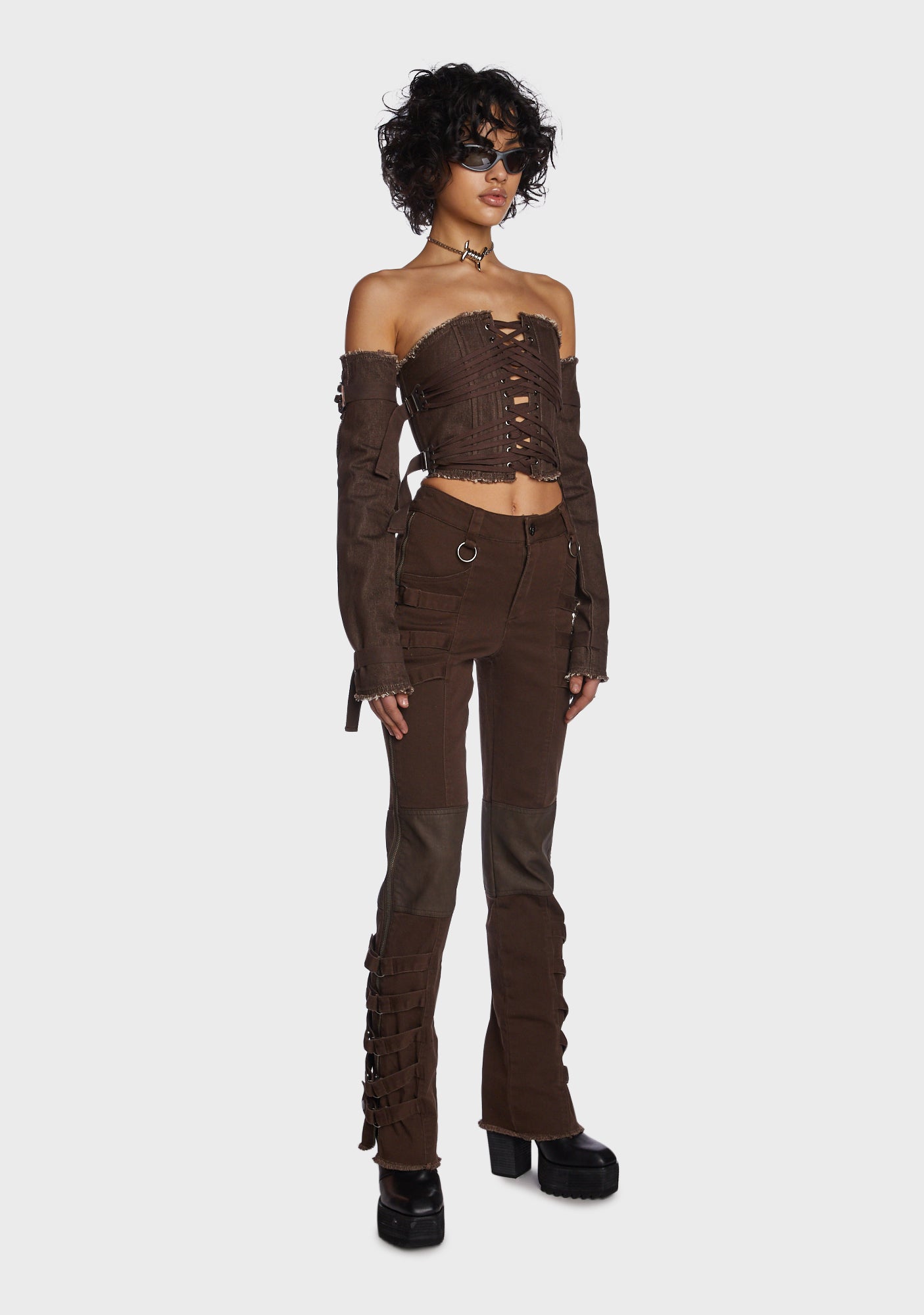 Darker Wavs Washed Denim Lace Up Corset And Gloves Set - Brown