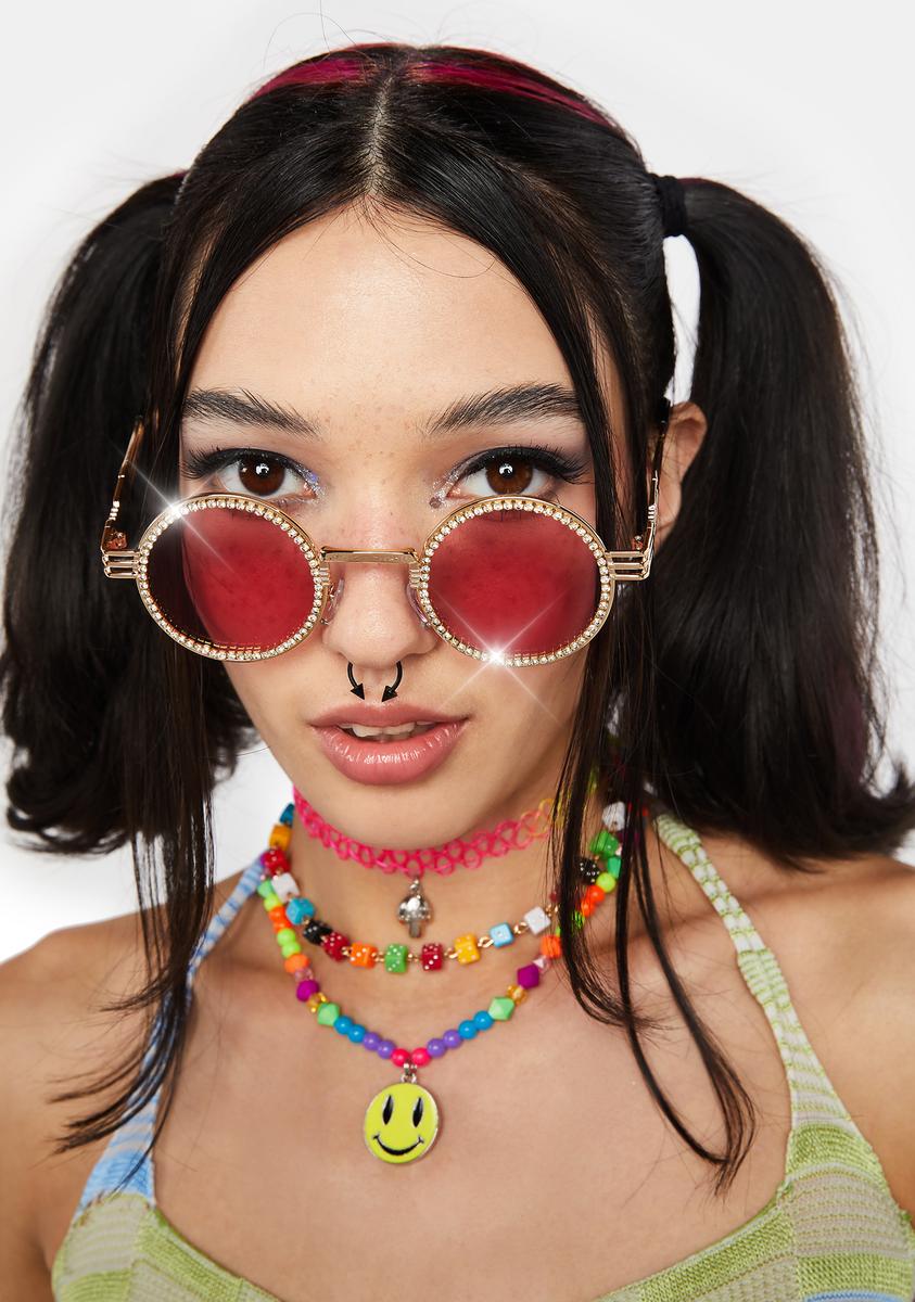 Tinted Circle Lenses Gold Hardware Rhinestone Sunglasses - Pink – Dolls ...