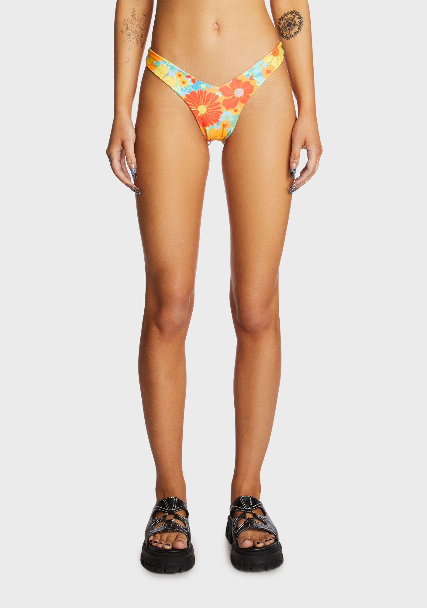 Kulani Kinis V Cut Bikini Bottom - Multi Floral Orange – Dolls Kill