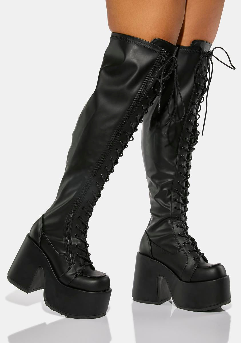 Demonia Camel 300 Wide Calf Thigh High Platform Boots – Dolls Kill