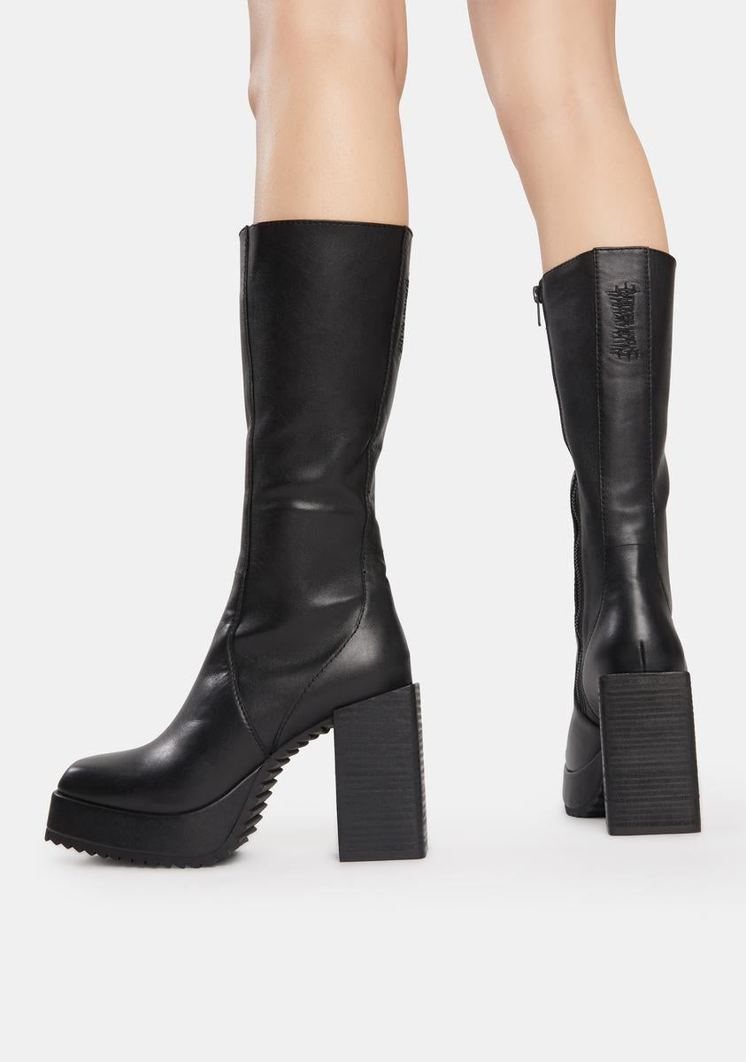 Darker Wavs Leather Square Toe Block Heel Platform Boots Darker Wavs Leather Square Toe Block Heel Platform Boots