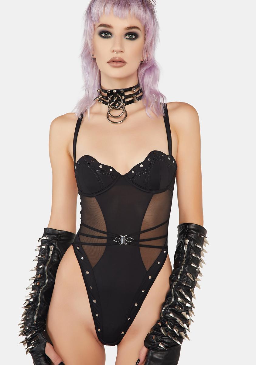 Thistle and Spire Eyelet Mesh High Cut Thong Bodysuit - Black – Dolls Kill