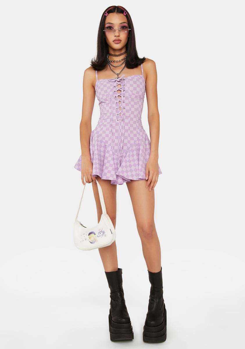 Checkered Lace-Up Mini Dress