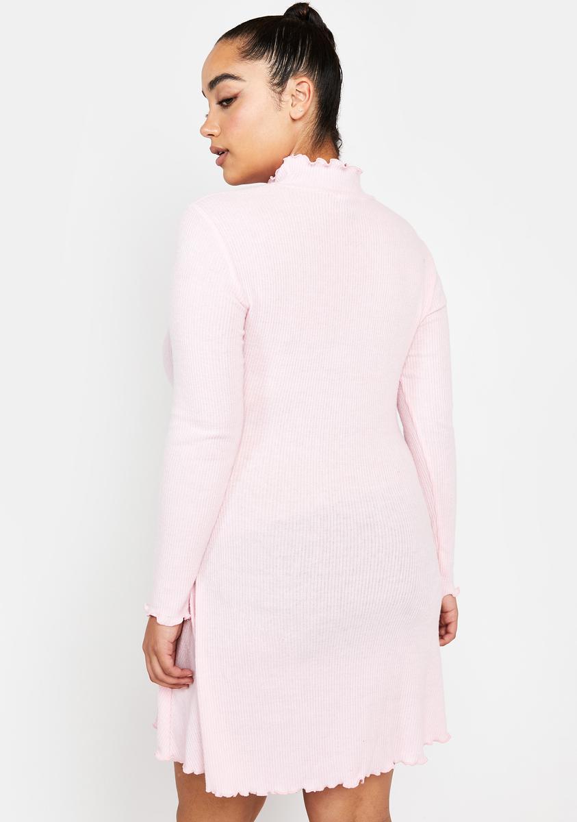Plus Size Long Sleeve A Line Lettuce Trim Keyhole Mock Neck Mini Dress - Light  Pink  Dolls Kill