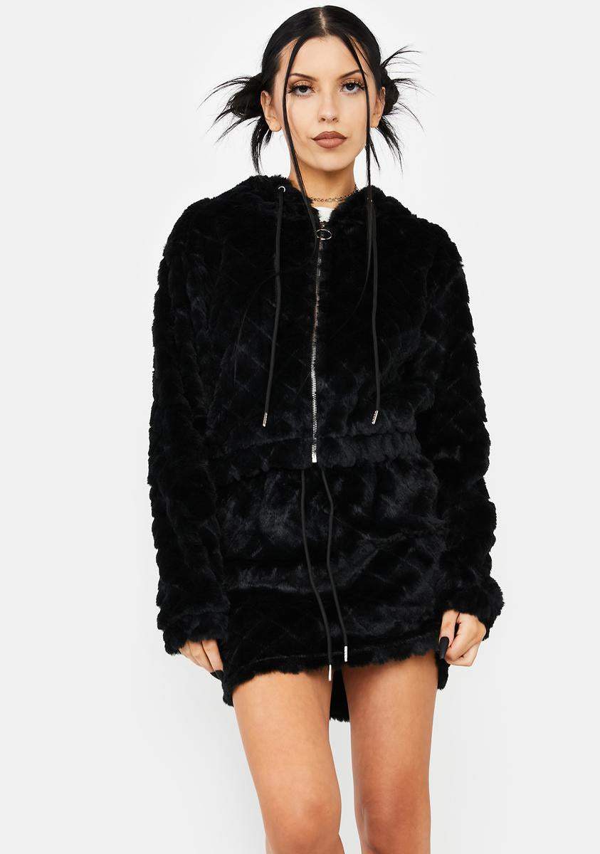 Quilted Faux Fur Zip Hoodie And Skirt Set - Black – Dolls Kill