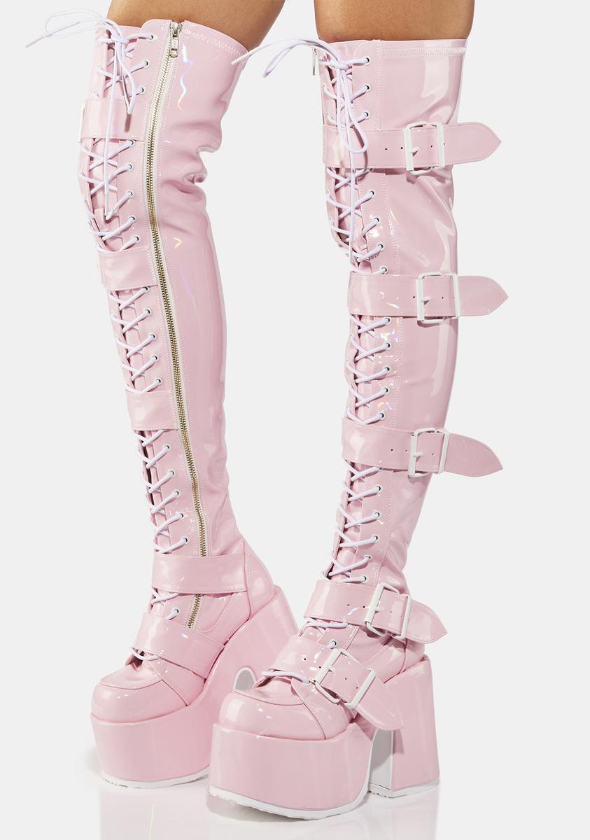 Demonia Camel-305 Thigh High Boots - Baby Pink Holographic – Dolls Kill