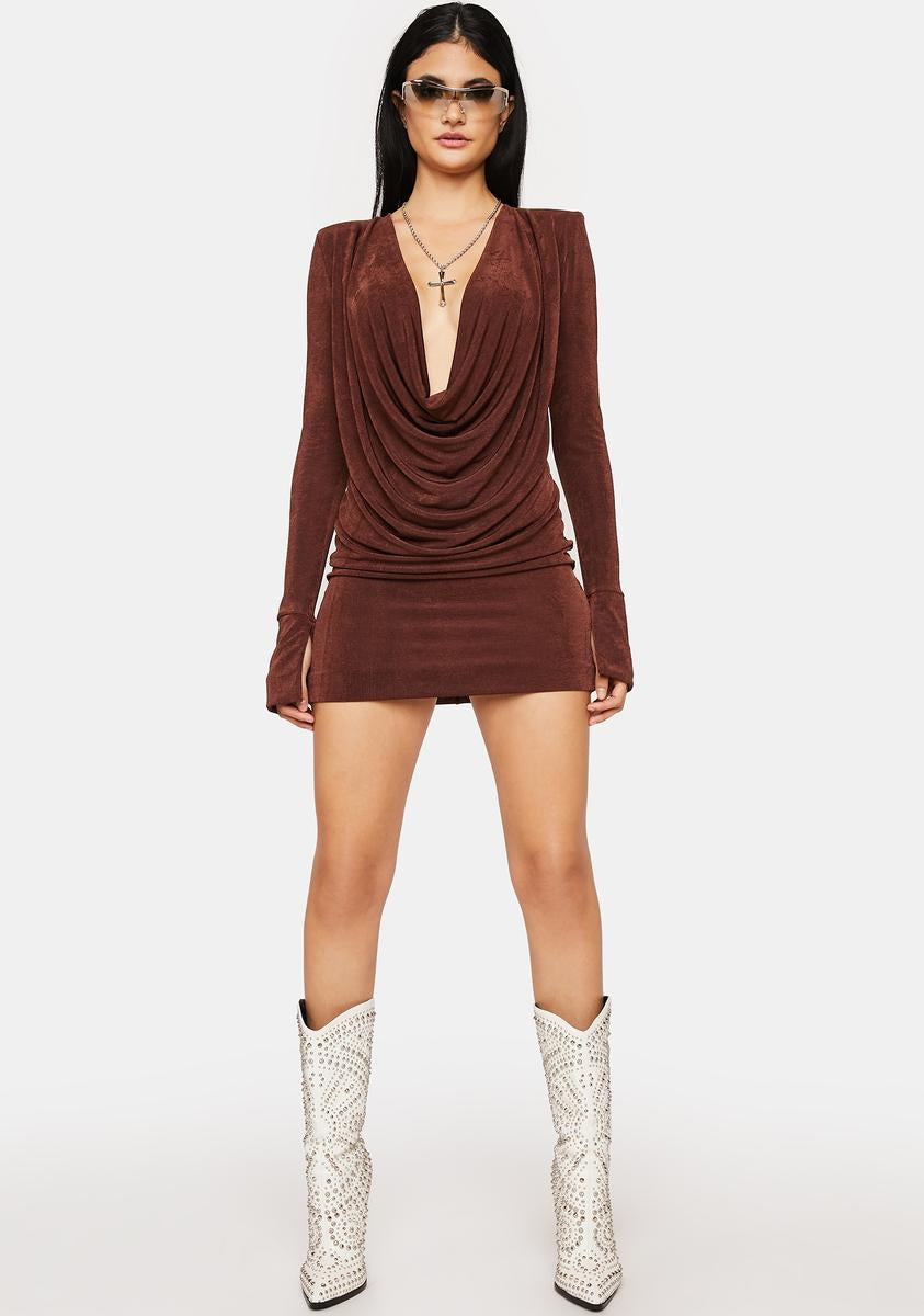 Deep Cowl Neckline Mini Dress - Brown Dolls Kill Deep Cowl Neckline Mini Dress - Brown Dolls Kill