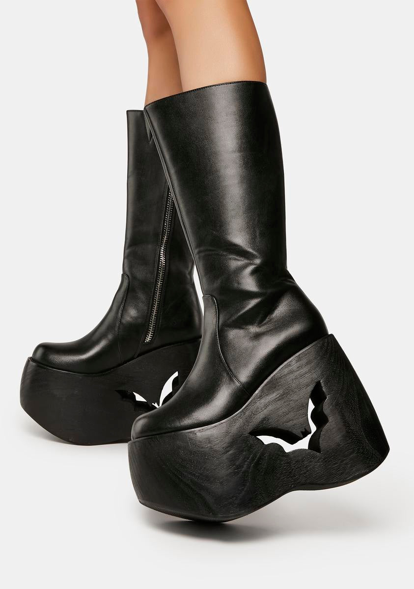 The Grave Girls Bat Cutout Platform Wedge Boots - Black – Dolls Kill
