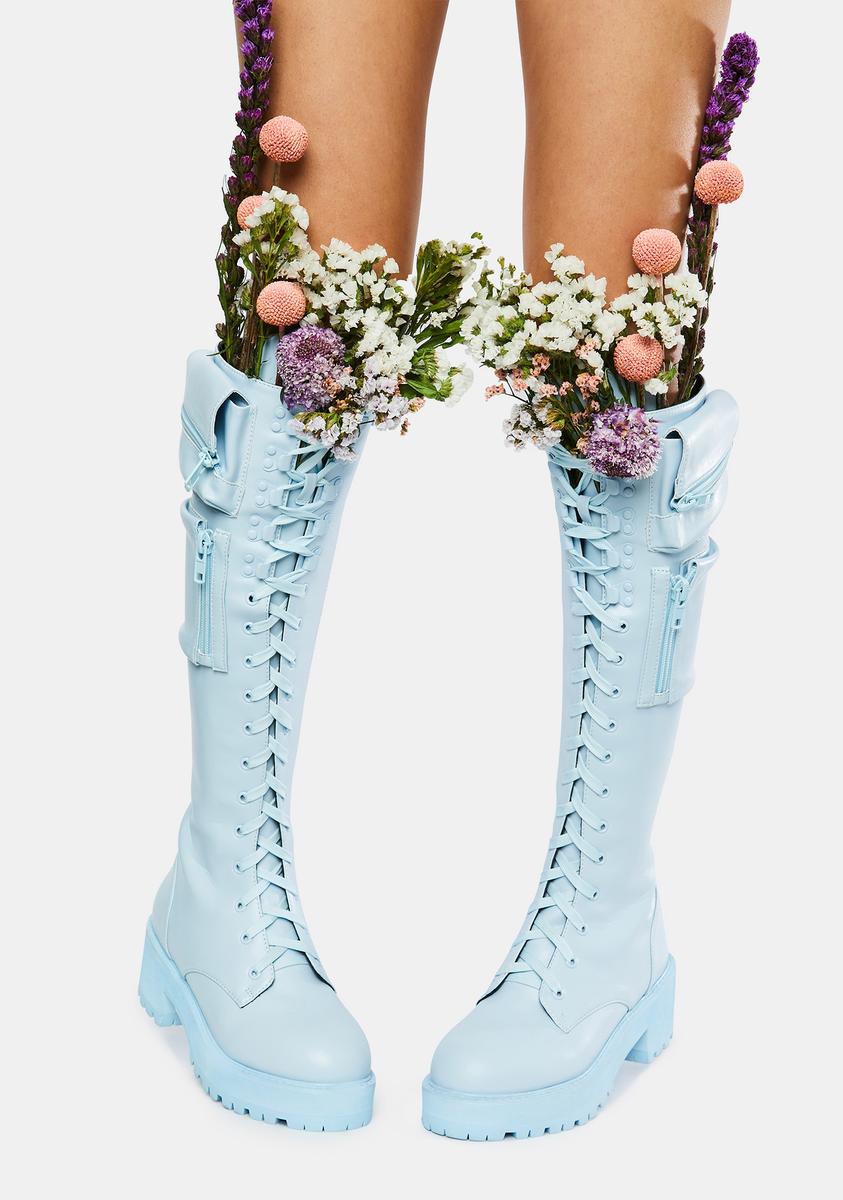 Sugar Thrillz Pastel Knee High Pocket Combat Boots Baby Blue