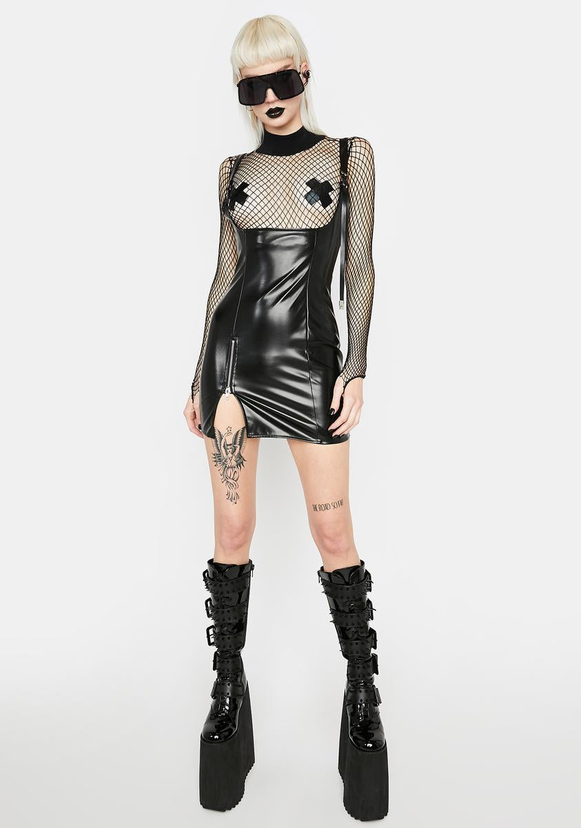 Red Night Gothic Vegan Leather Buckle Strap Dress