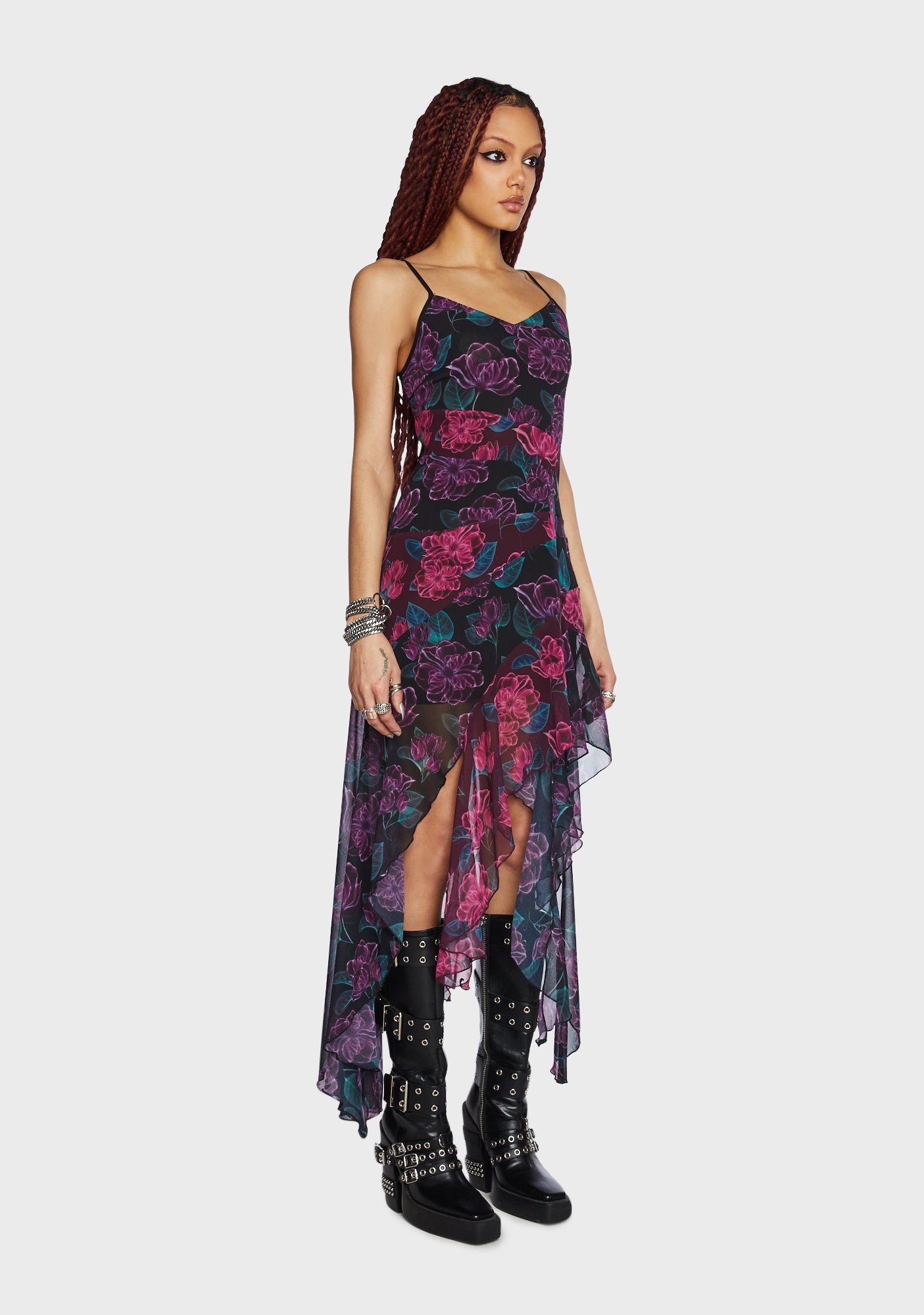 Current Mood Floral Chiffon Asymmetrical Ruffle Midi Dress