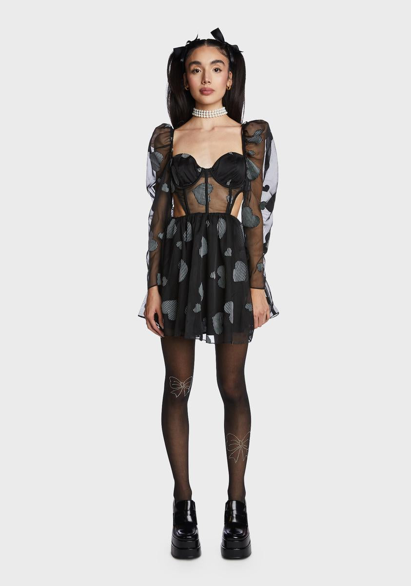 For Love & Lemons Houndstooth Heart Print Sheer Mini Dress
