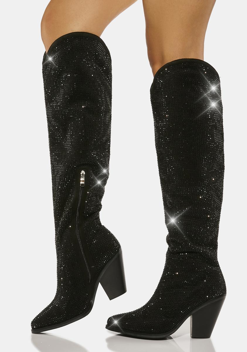 Azalea Wang Western Inspired Rhinestone Studded Knee High Boots - Black ...