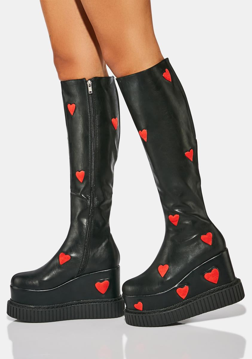Lamoda Knee High Platform Boots With Suede Hearts - Black – Dolls Kill