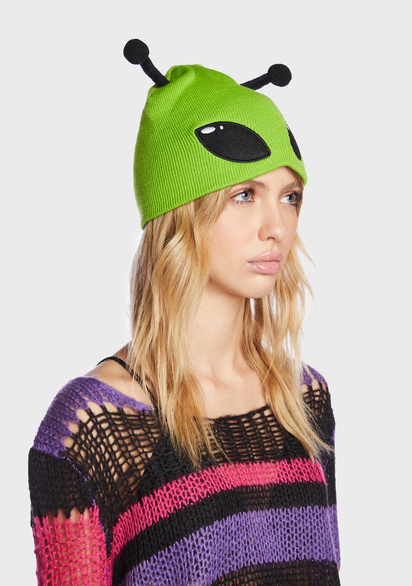 Green Alien Head Graphic Beanie - Cotton Blend Knit Cuff Hat For Men & Women - View #4
