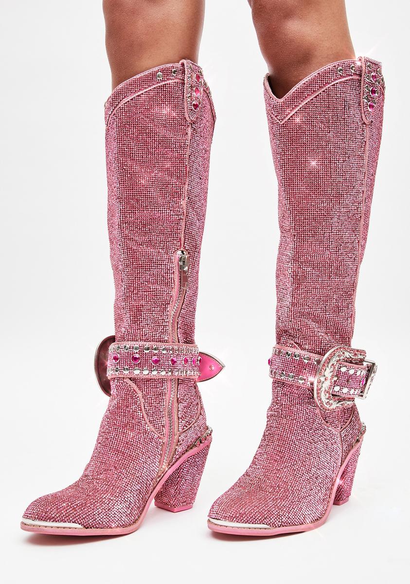 Sugar Thrillz Rhinestone Knee High Cowboy Boots Pink Dolls Kill