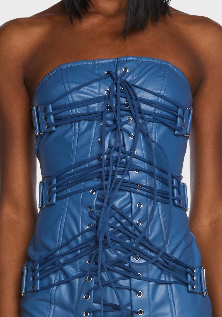 Vegan Leather Lace Up Bondage Mini Dress - Blue – Dolls Kill