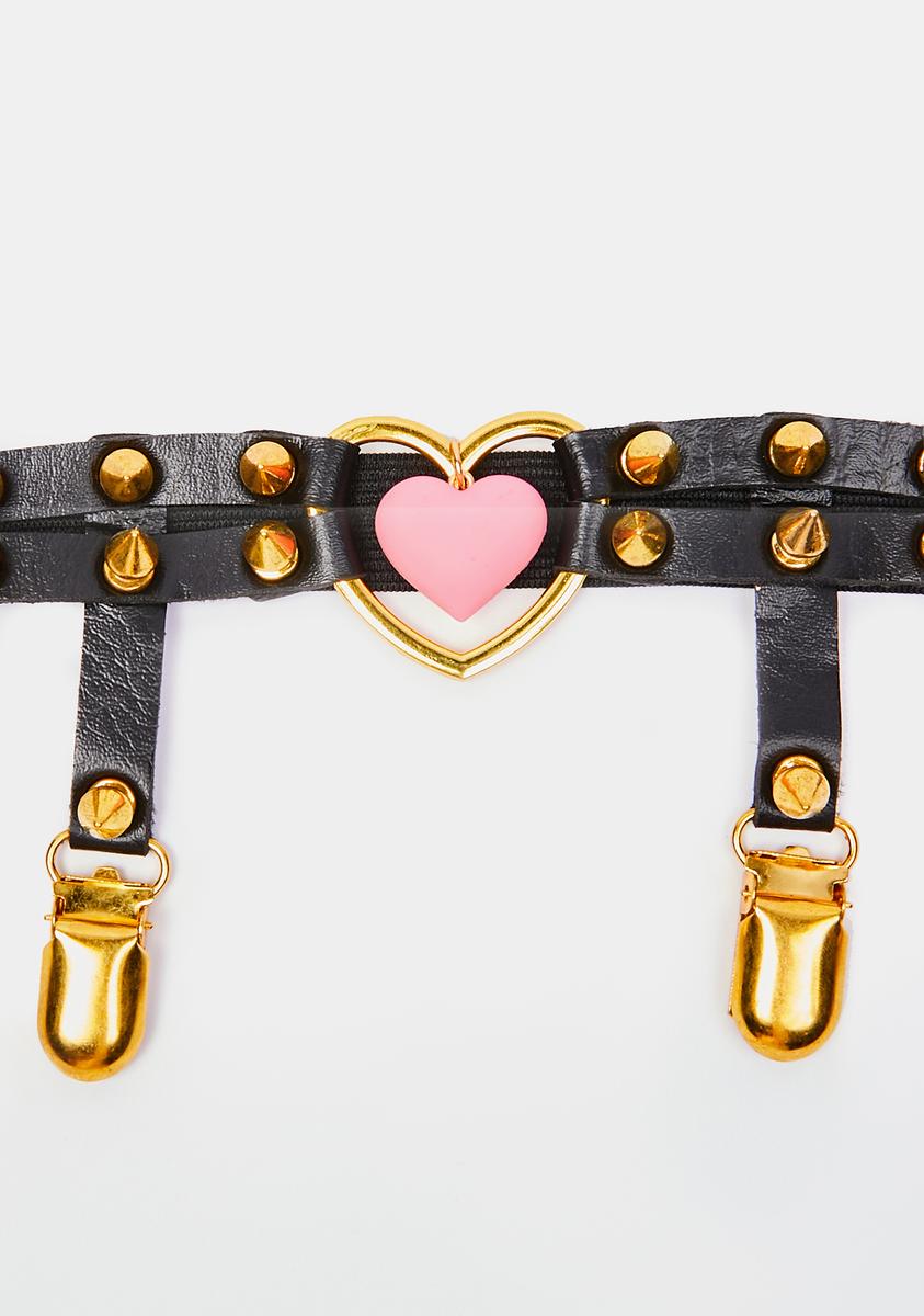 Heart Ring Heart Charm Gold Spiked Garters - Black Pink Dolls Kill Heart Ring Heart Charm Gold Spiked Garters - Black Pink Dolls Kill