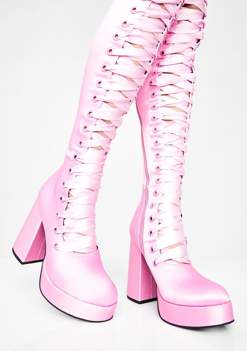 Sugar Thrillz Pink Ribbon Lace-Up Thigh High Boots – Dolls Kill