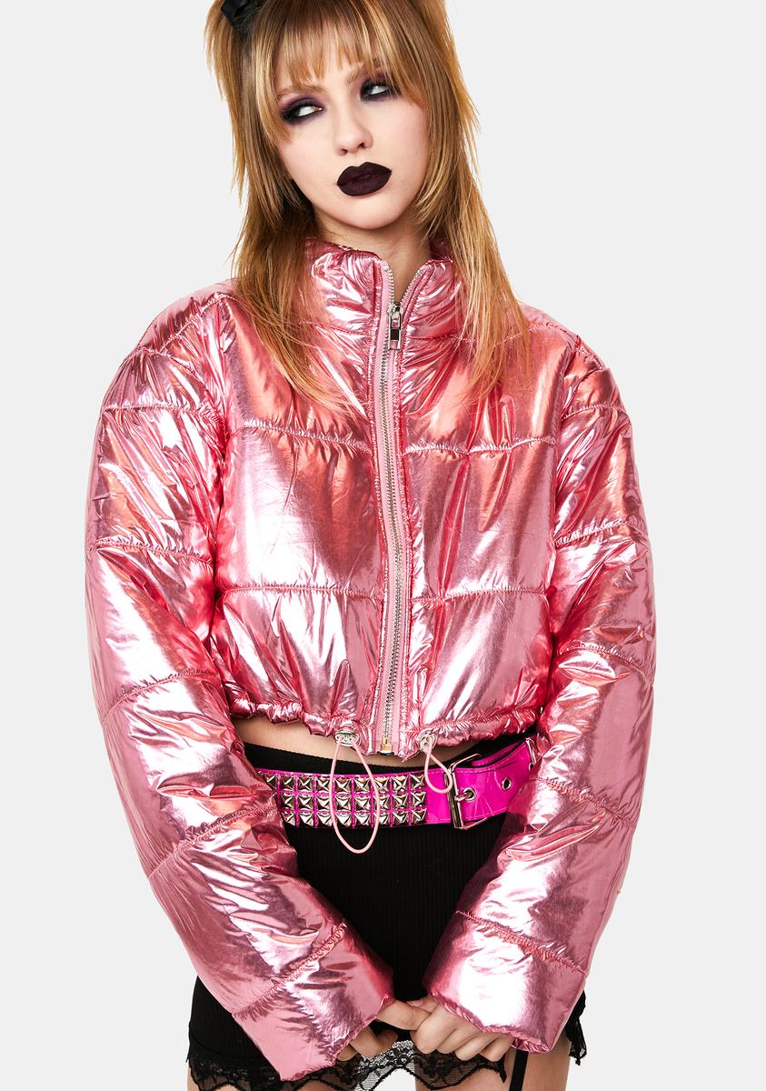 Cropped Zip Up Metallic Puffer Jacket - Pink/Rose – Dolls Kill