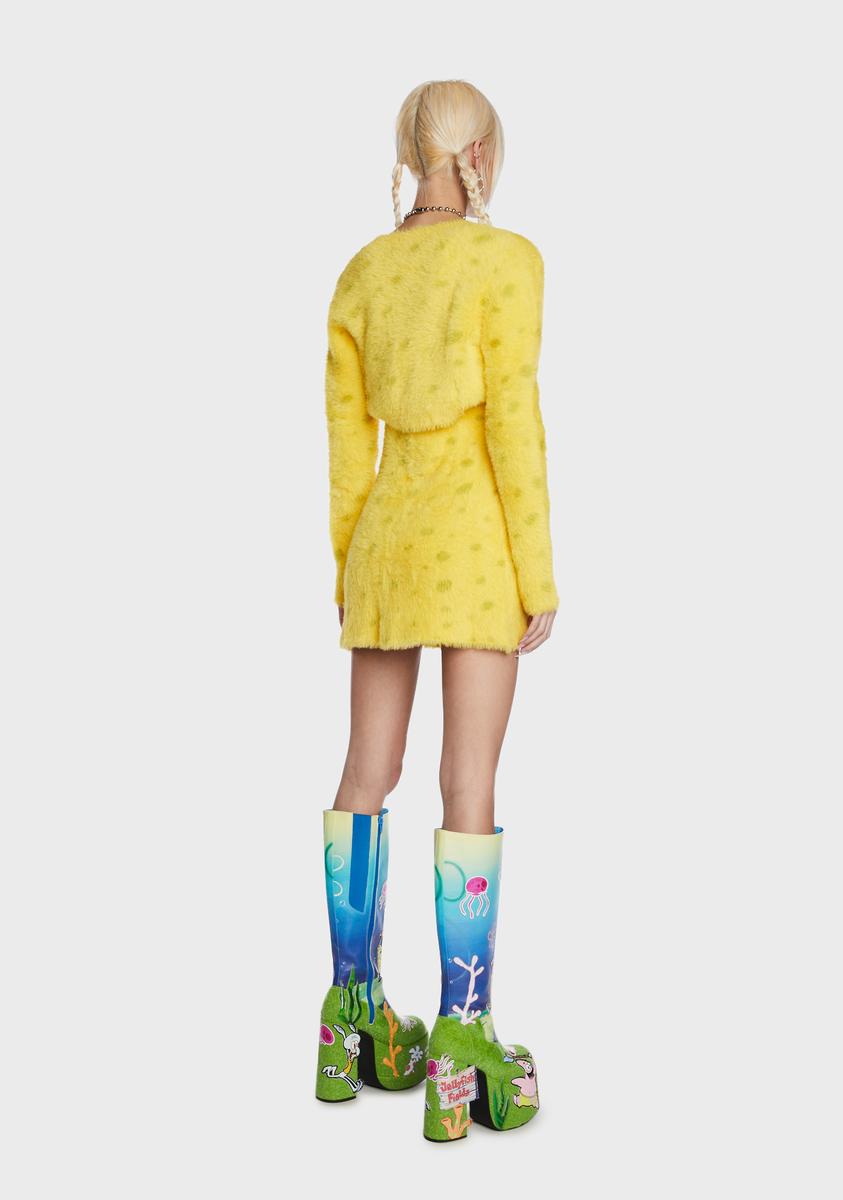 Dolls Kill x SpongeBob Fuzzy Knit Embroidered Mini Dress And Shrug Set
