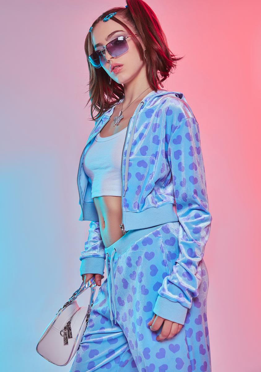Sugar Thrillz Heart Print Velour Track Jacket Blue Lavender Dolls Kill
