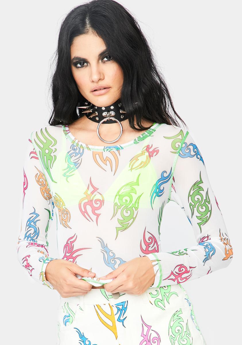 Current Mood Rainbow Tattoo Print Mesh Long Sleeve Tee – Dolls Kill