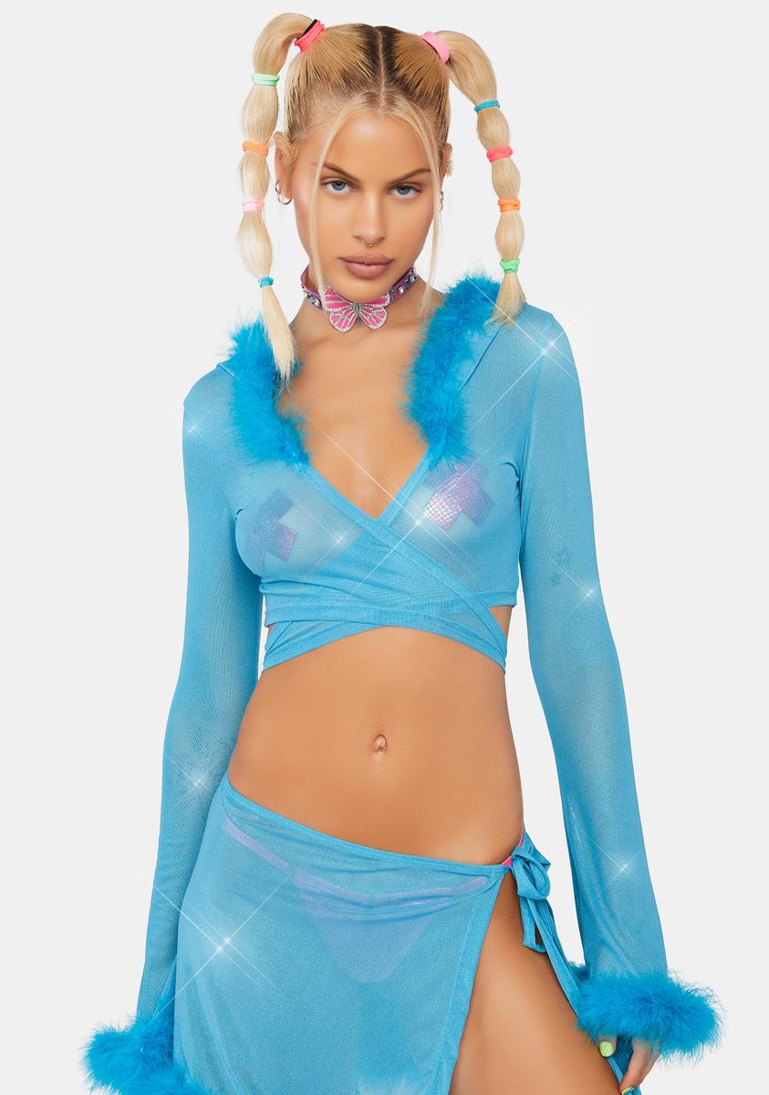 Club Exx Glitter Sheer Mesh Marabou Trim Hoodie Top - Blue – Dolls Kill