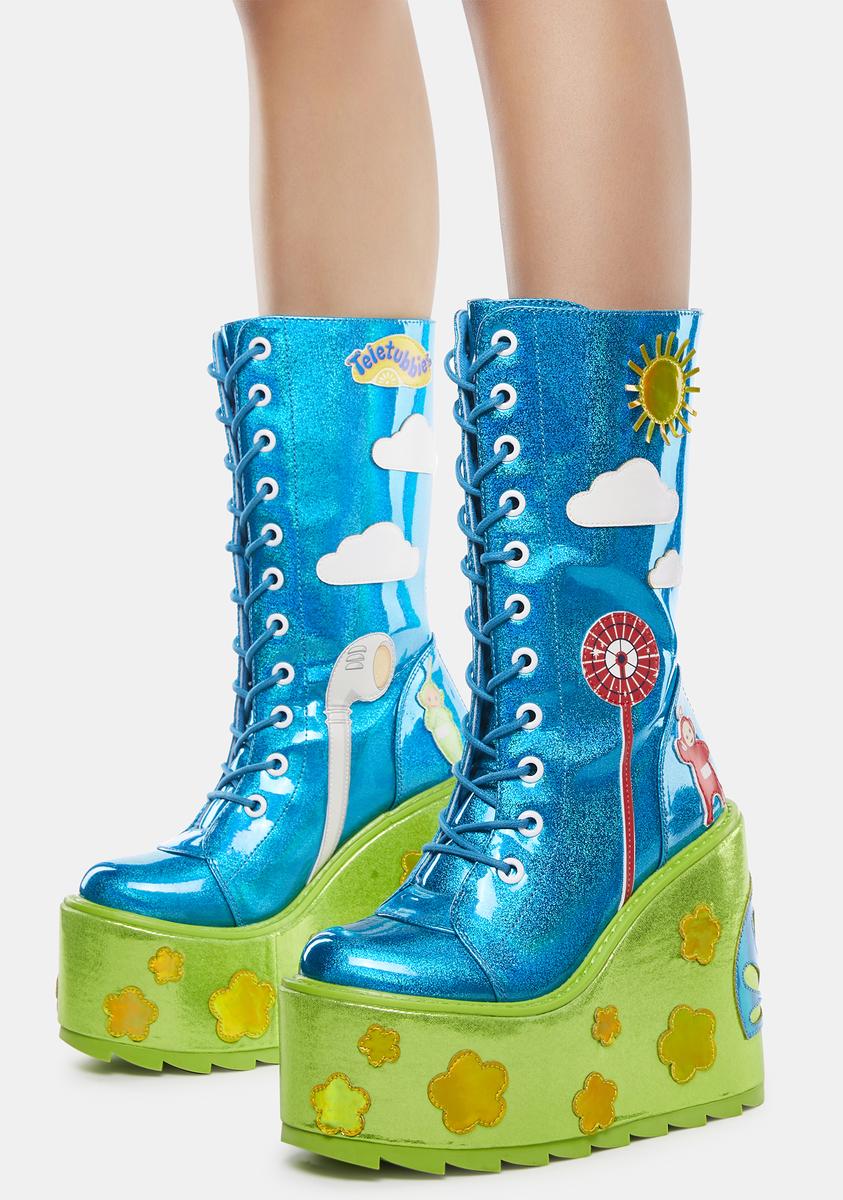 YRU x Teletubbies Holographic Tall Lace Up Platform Boots Blue/Green Dolls Kill