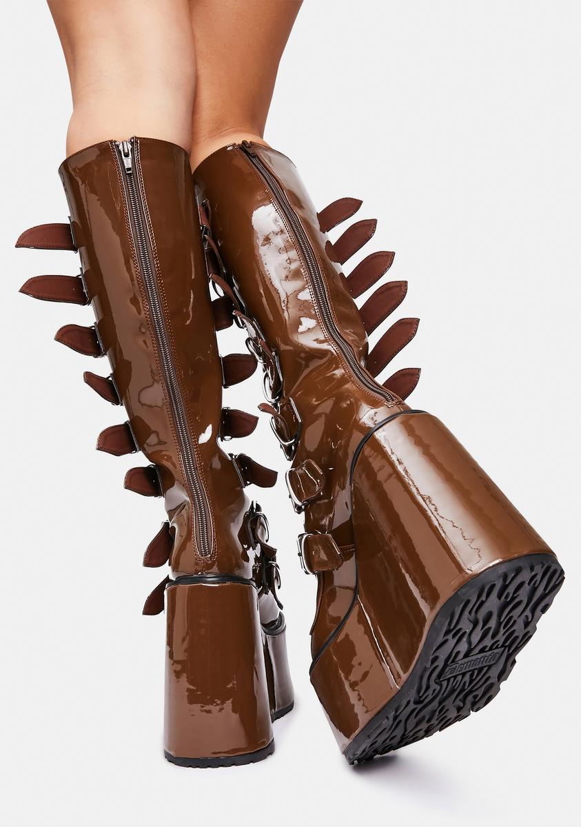 Demonia Knee High Buckle Platform Boots - Brown Patent