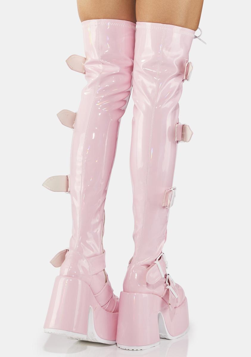 HOT Demonia Camel 305 Demonia Knee High Buckle Boots