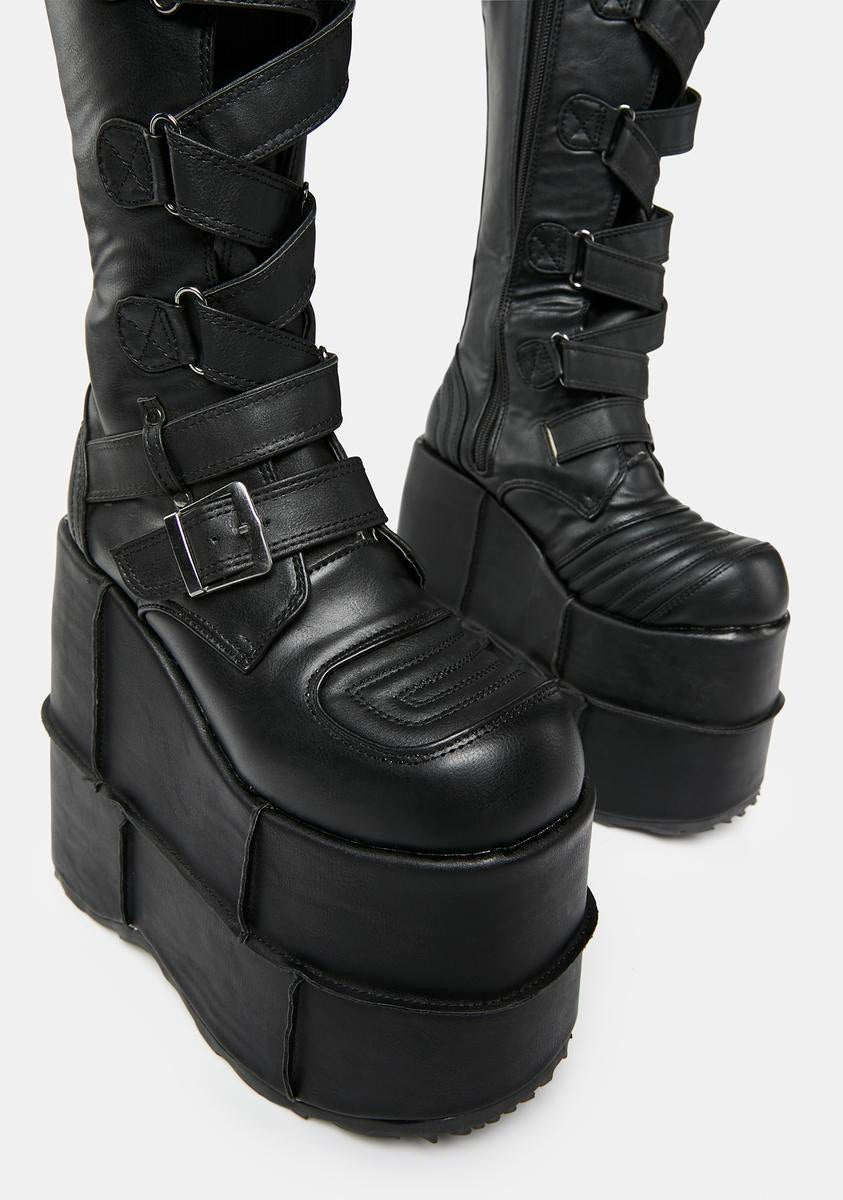 Demonia Strappy Zig Zag Knee High Platform Boots - Black