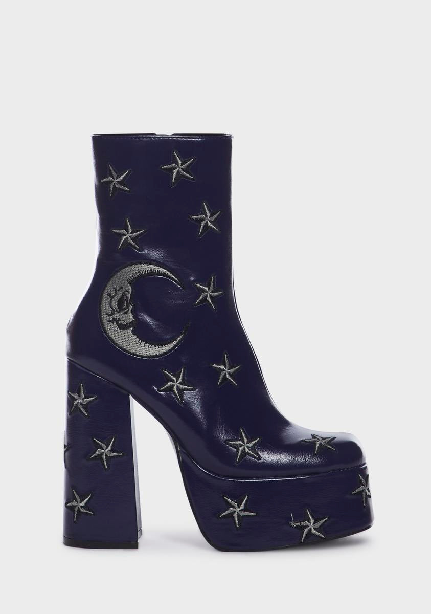 Koi Footwear Star Moon Heeled Zip Up Boots - Purple – Dolls Kill