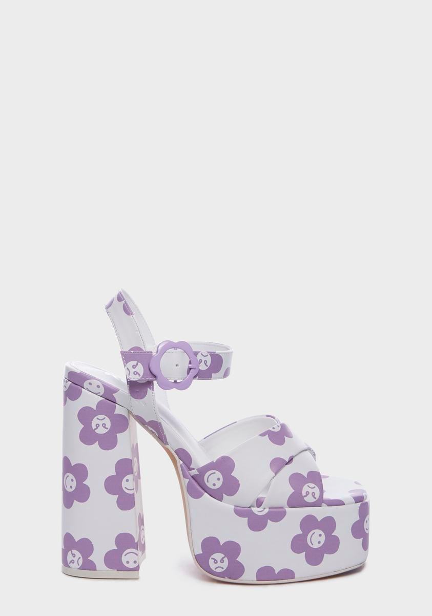Koi Footwear Daisy Print Platform Heels - White/Purple – Dolls Kill