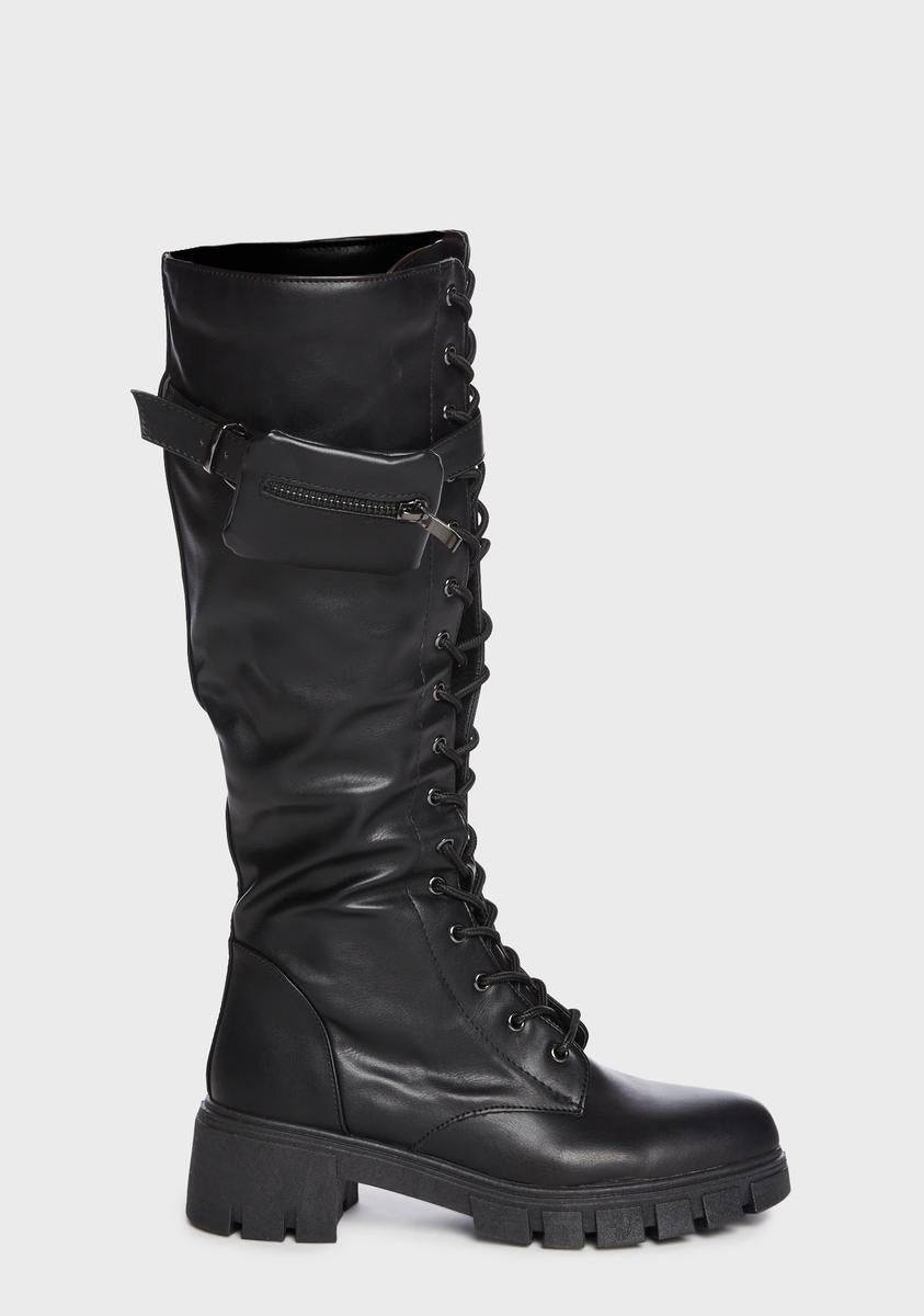 Vegan Leather Knee High Pocket Combat Boots - Black – Dolls Kill