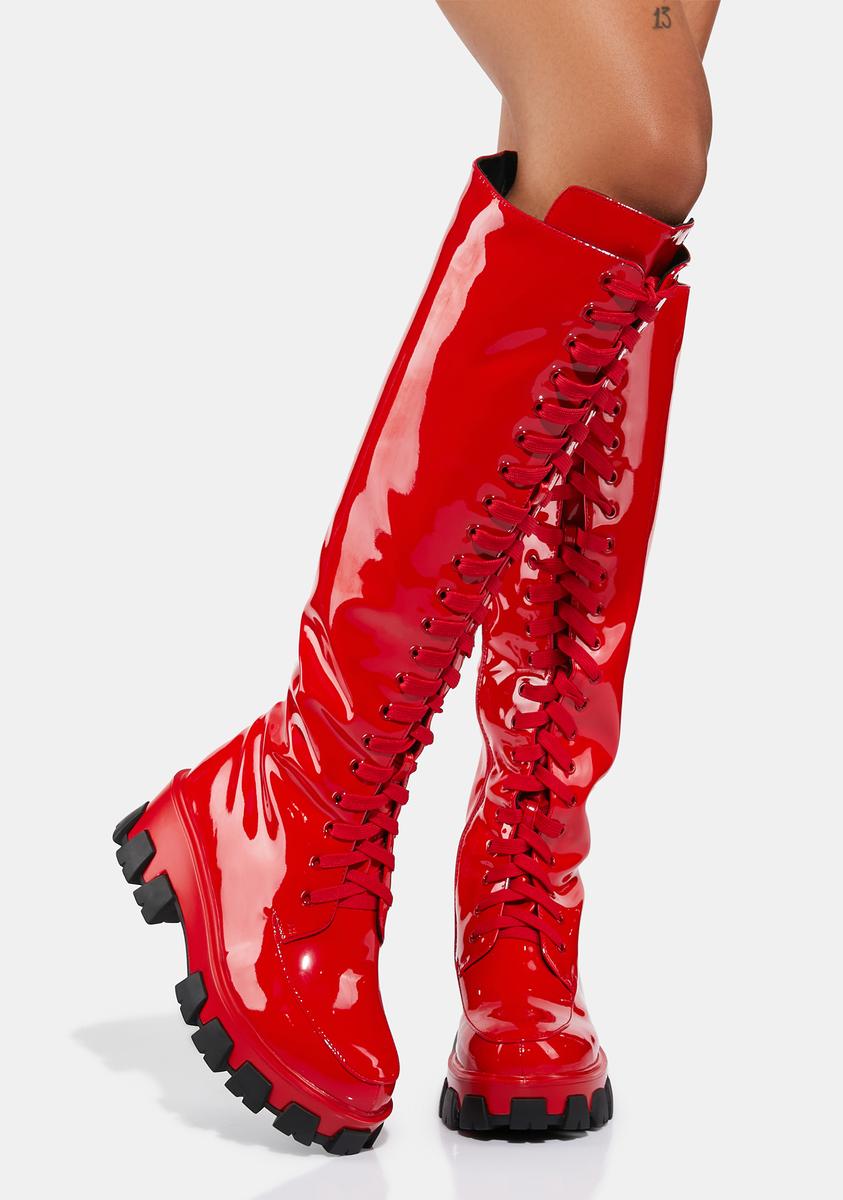 Azalea Wang Knee High Lace Patent Vegan Leather Boots - Red | US 7 1/2