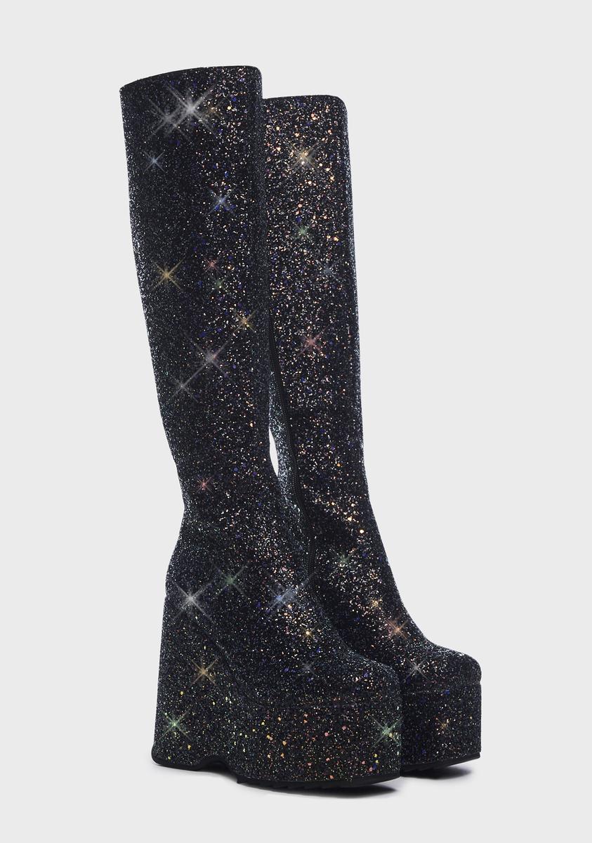 Lamoda Sparkly Knee High Boots Black Glitter Dolls Kill