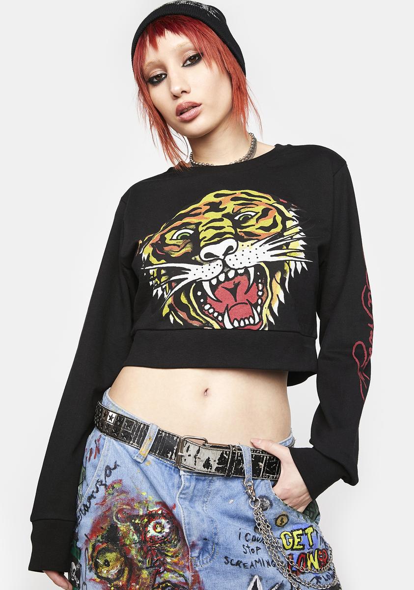 Ed Hardy x Dolls Kill Tiger Head Graphic Crop Sweatshirt - Black