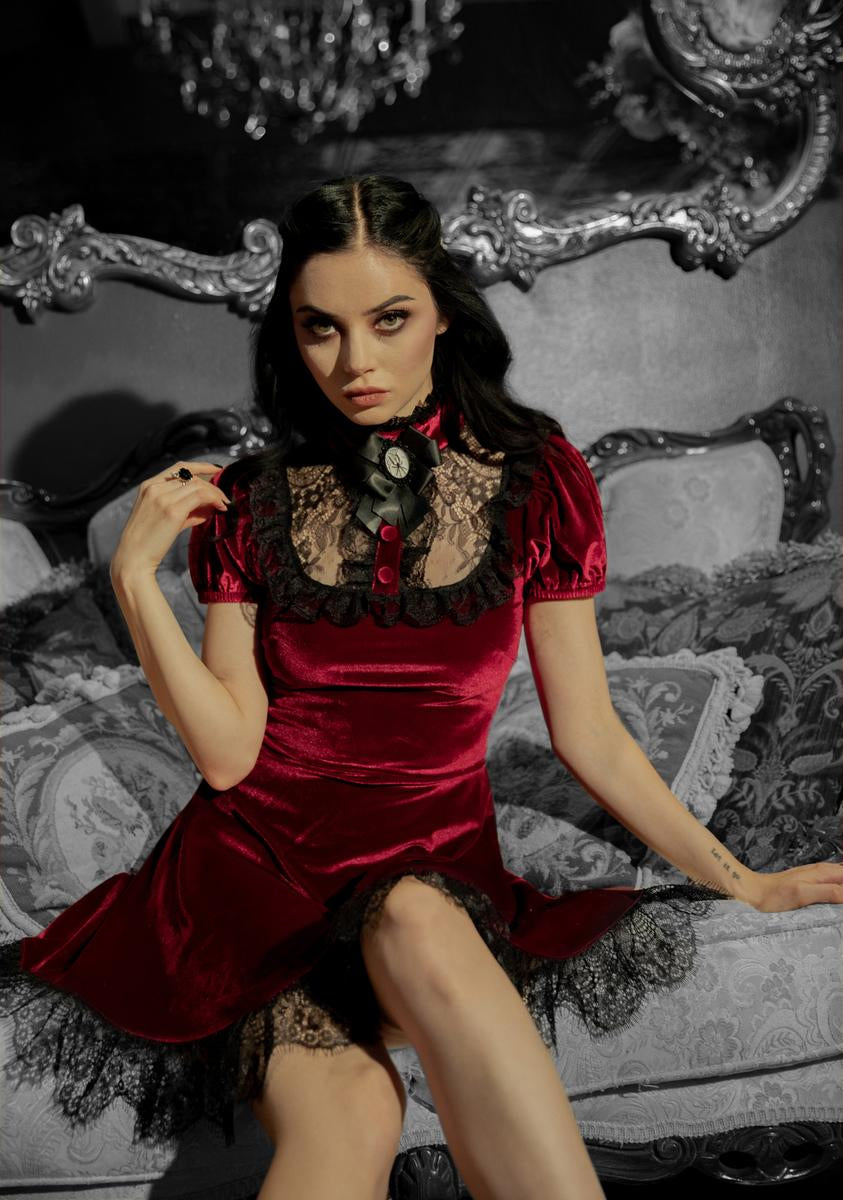dolls kill red velvet dress Dark In Love Velvet Lace Trim Sweetheart Mini Dress Red