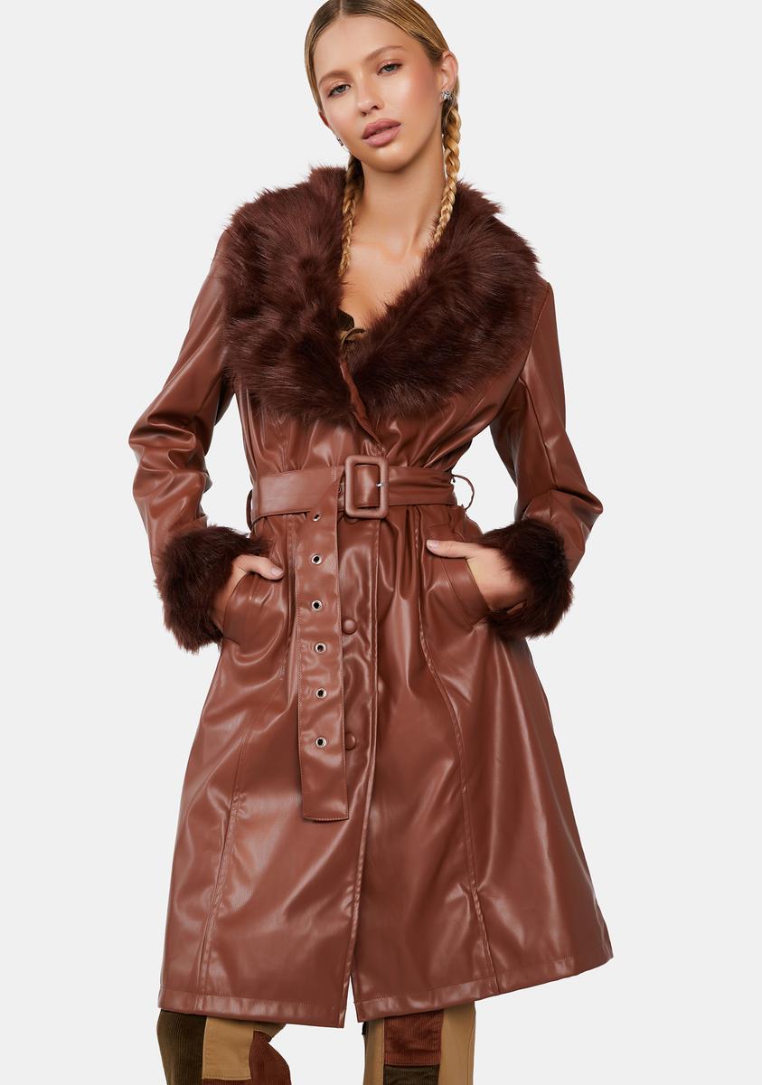 Delia's Vegan Leather Faux Fur Trim Belted Trench Coat - Brown – Dolls Kill