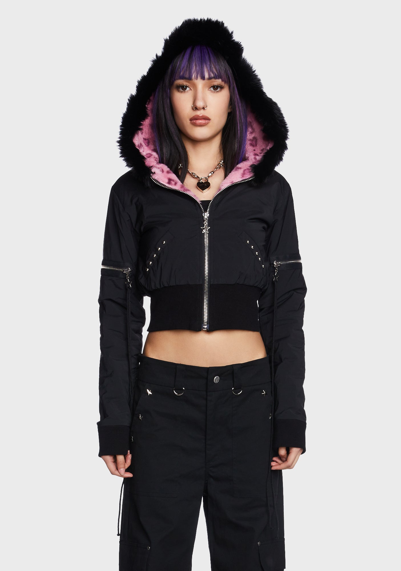 Berthaux Rhinestone Faux Fur Hood Crop Jacket - Black – Dolls Kill