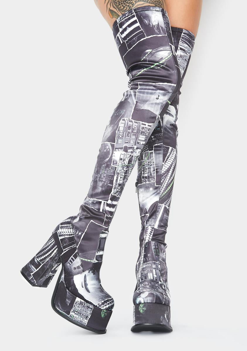 Current Mood Black & White UFO Photograph Print Thigh High Boots ...