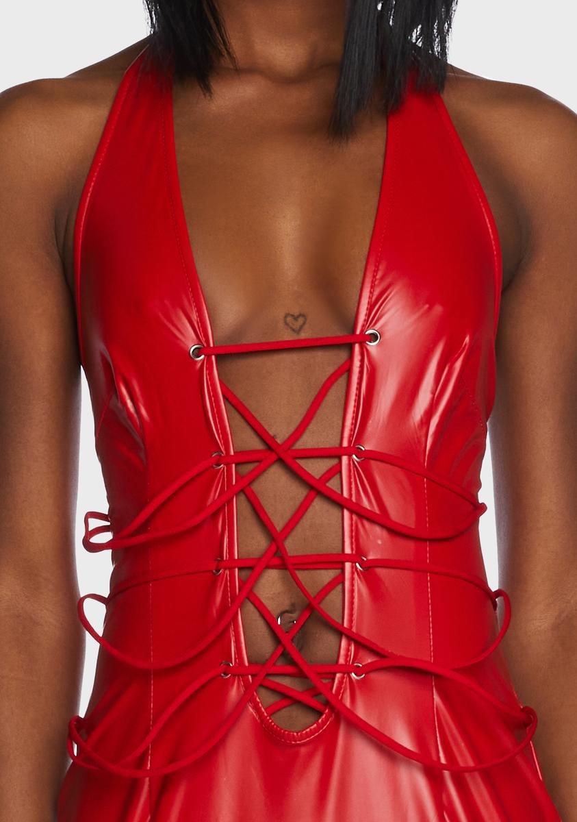 Vegan Leather Lace Up Halter Mini Dress - Red Dolls Kill Vegan Leather Lace Up Halter Mini Dress - Red Dolls Kill