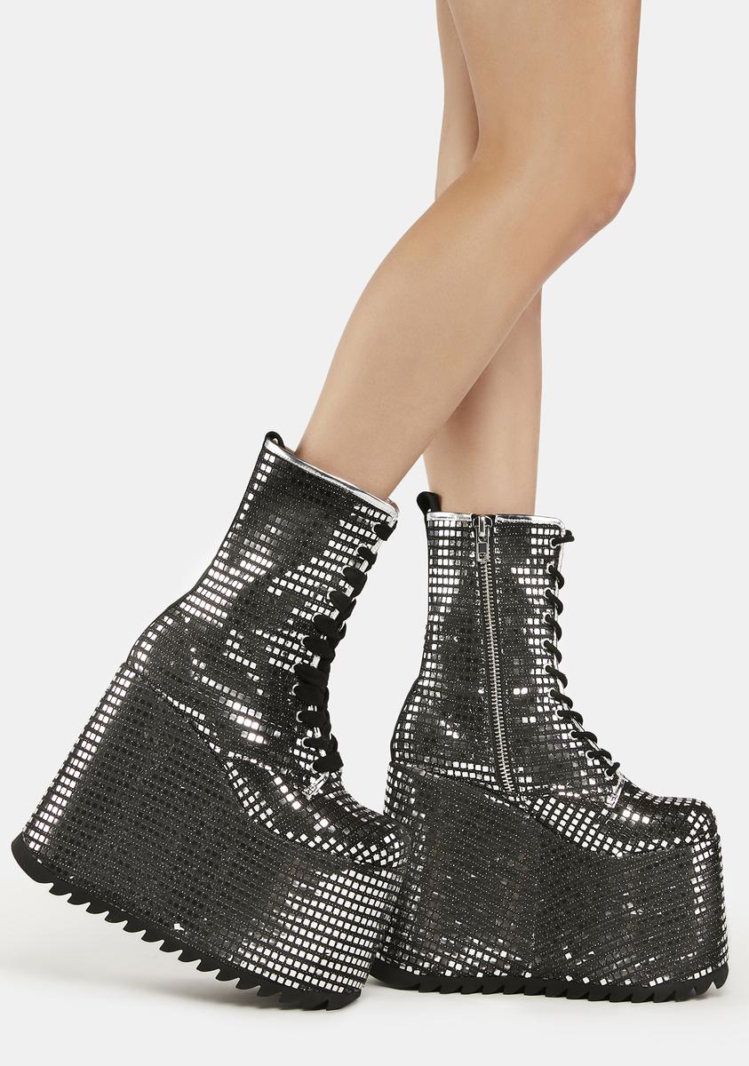 Club Exx Mirror Sequin Platform Boots - Silver – Dolls Kill