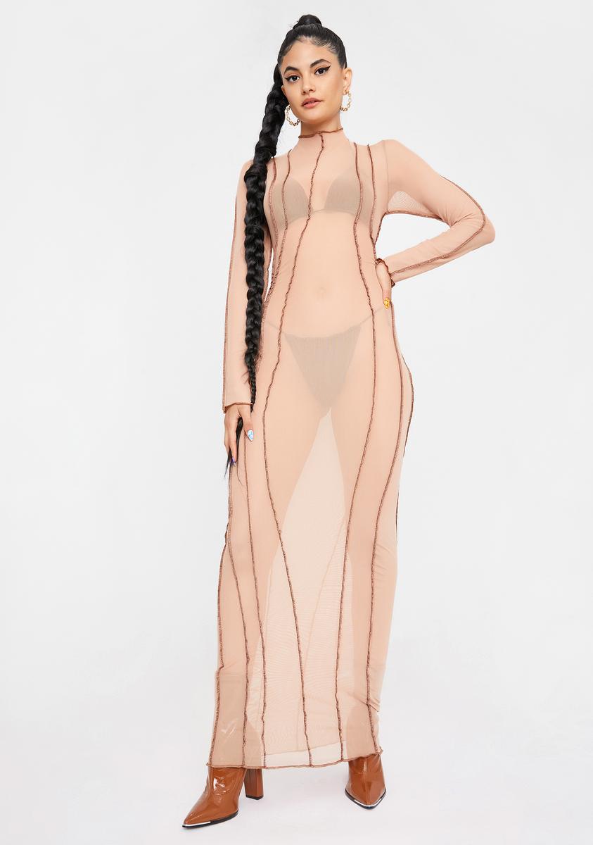 Mesh Long Sleeve Contrast Stitch Maxi Dress