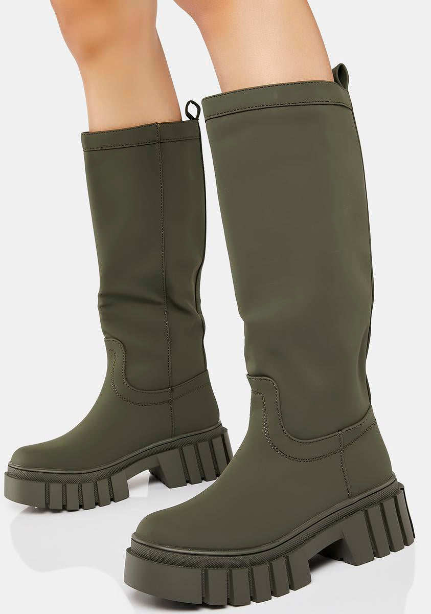 Vegan Leather Treaded Knee High Combat Boots - Dark Green â Dolls Kill