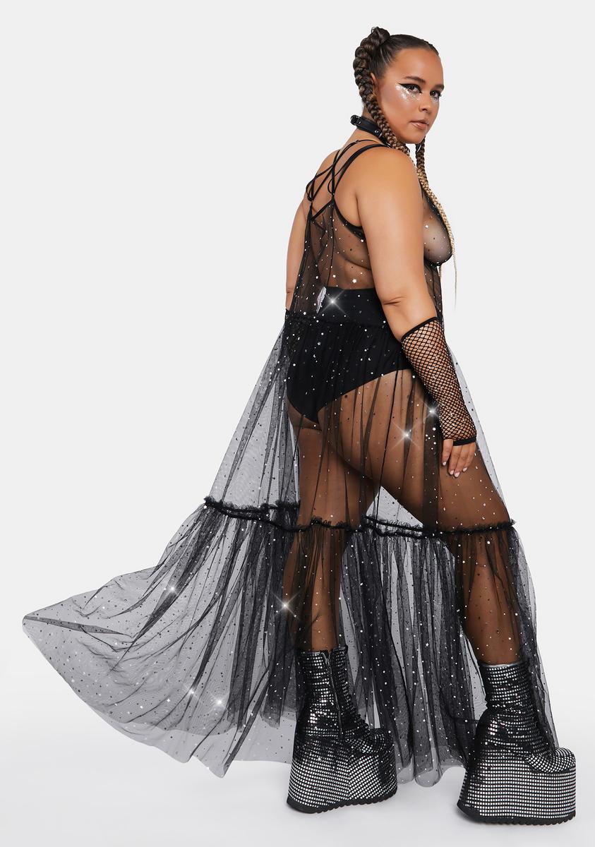 Plus Size Club Exx Sheer Mesh Glitter Stars And Moon Maxi Dress - Black   Dolls Kill
