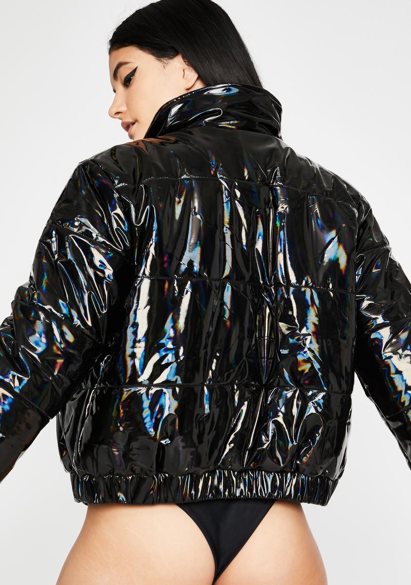 Black Holographic Puffer Jacket Dolls Kill