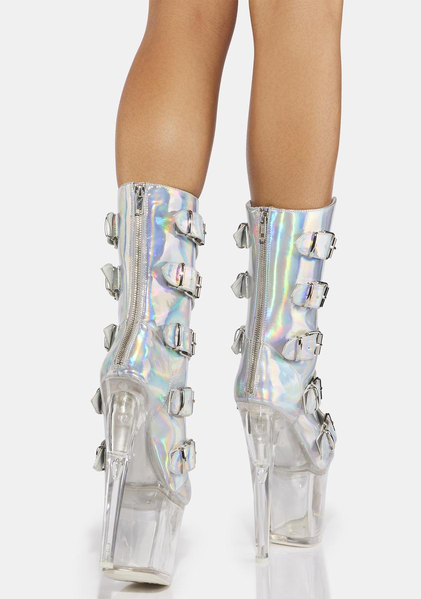 Xtra by Yru Dollar Sign Platform Stiletto Boots Holographic Dolls Kill
