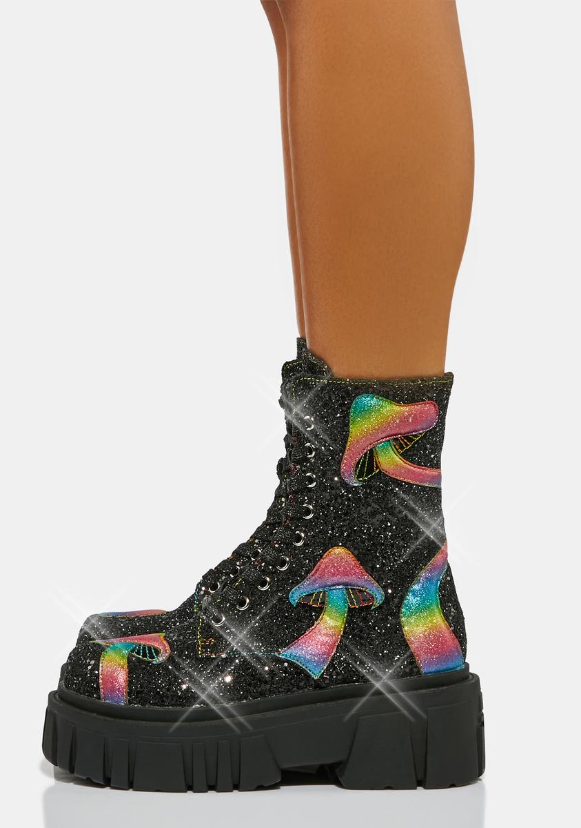 Club Exx Glitter Mushroom Combat Boots - Black/Rainbow – Dolls Kill